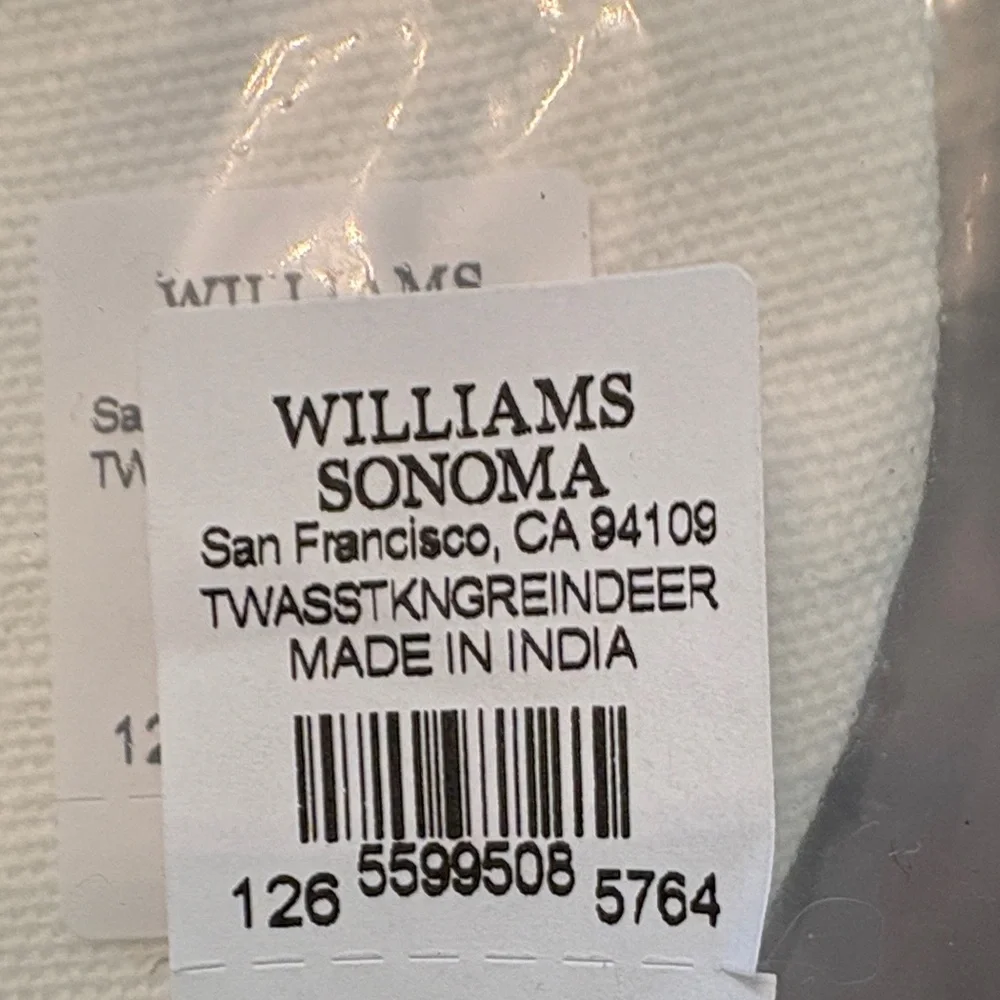 2 NWT Williams Sonoma Reindeer Stockings with Red & Cream Embroidery/bells